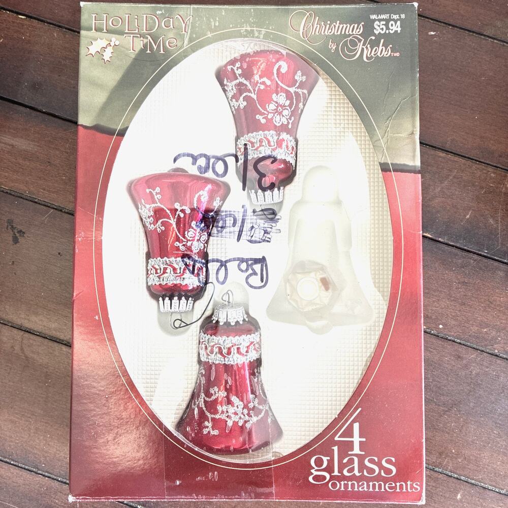 Vtg KREBS Christmas Classics Ornaments Hand Decorated 3 Red Silver Bells